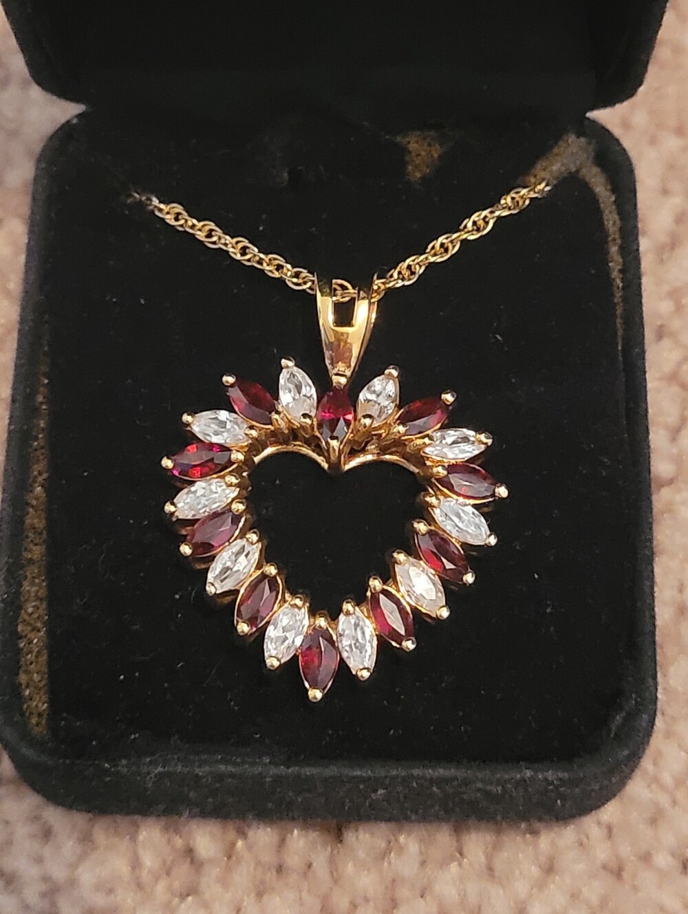 Gold Heart Pendant Necklace with Red and Clear Crystals